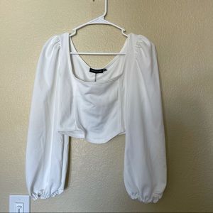 White Binding Balloon Sleeve Crop Top